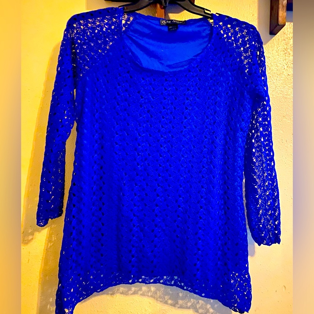 City View Blue Top, Embroidery & Lace on the Sleeves and Top Portion, Size Large